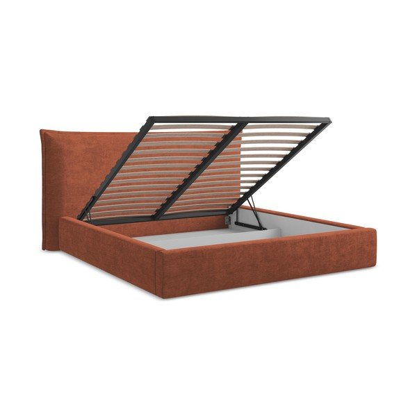 Polsterdatud kaheinimesevoodi panipaigaga, liistudest raamiga 140x200 cm terrakota värvi Esala - Makamii-image-3