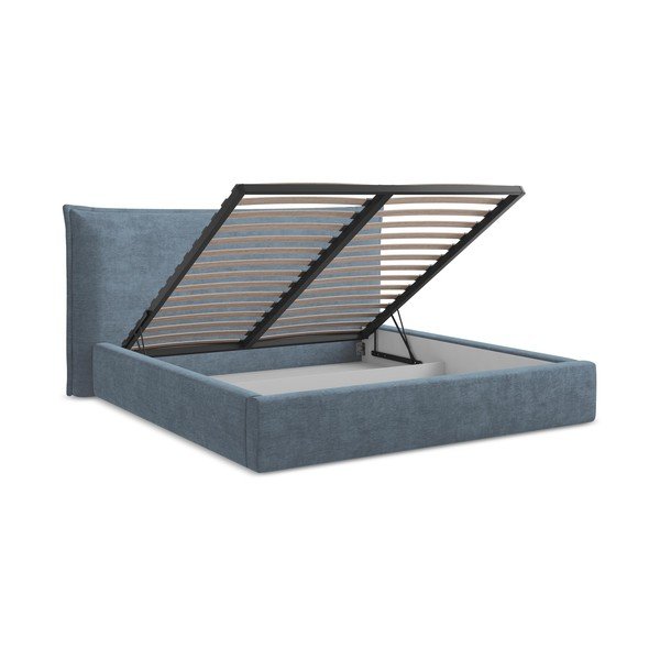 Sinine polsterdatud kaheinimesevoodi panipaigaga ja liistudest raamiga 160x200 cm Esala - Makamii-image-3