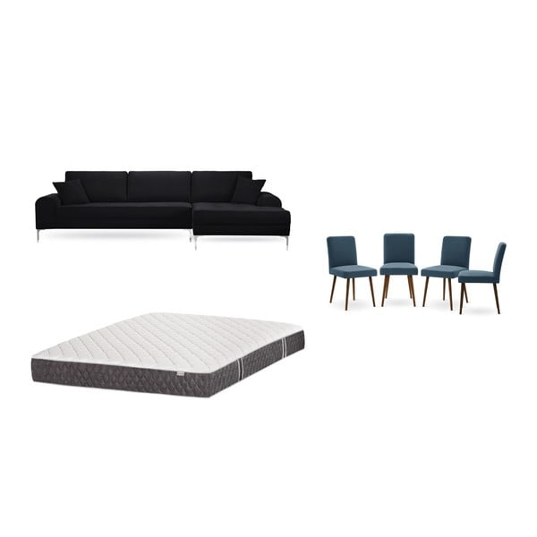 Set černé pohovky s lenoškou vpravo, 4 modrých židlí a matrace 160 x 200 cm Home Essentials