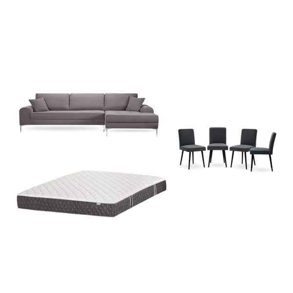 Set hnědé pohovky s lenoškou vpravo, 4 antracitově šedých židlí a matrace 160 x 200 cm Home Essentials