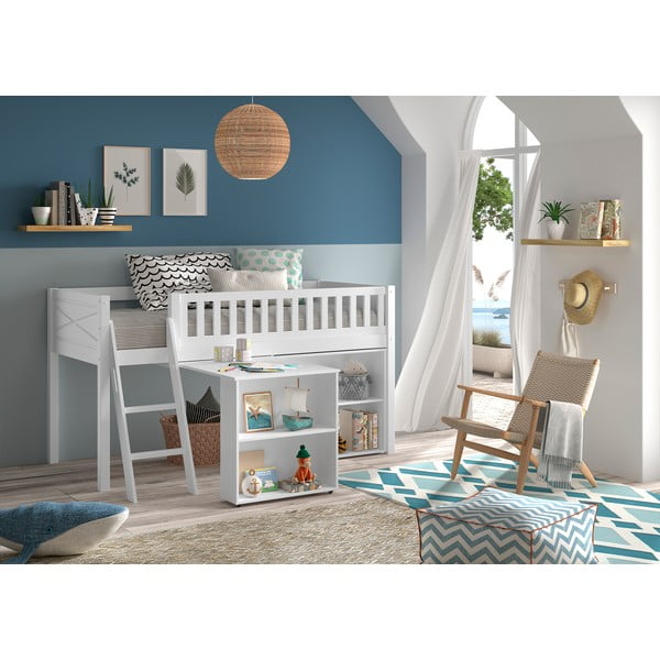 Valge tõstetud männipuidust lastevoodi koos panipaigaga voodi 90x200 cm SCOTT - Vipack-image-1