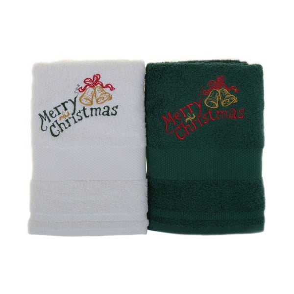 Sada 2 ručníků Merry Christmas White&Green, 50 x 100 cm