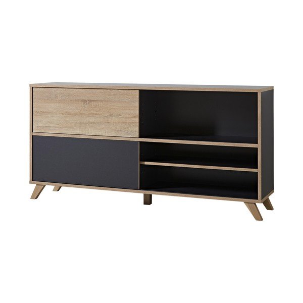 Široká černá komoda s posuvnými dveřmi s detaily v dekoru dubového dřeva Germania Calvi-image-1