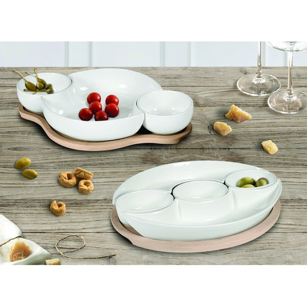 5 valge portselanist serveerimiskausi komplekt bambustaldrikul Plait - Brandani-image-1