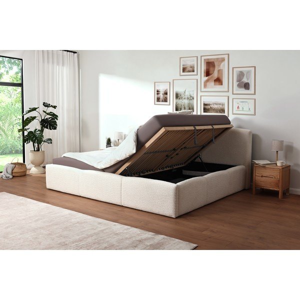 Elevandiluu värvi polsterdatud kaheinimesevoodi panipaigaga ja liistudest raamiga 200x240 cm Merida - Meise Möbel-image-4