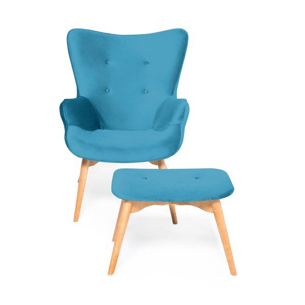 Akvamarínově modré křeslo a podnožka s podnoží v přírodní barvě Vivonita Cora Velvet-image-2