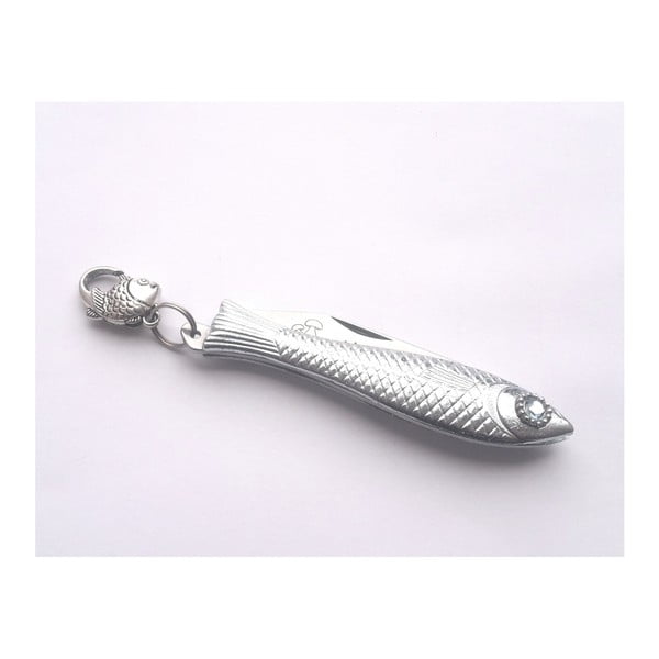 Český nožík rybička ve stříbrné barvě s modrým okem a nápisem Na Hřiby v designu od Alexandry Dětinské-image-1