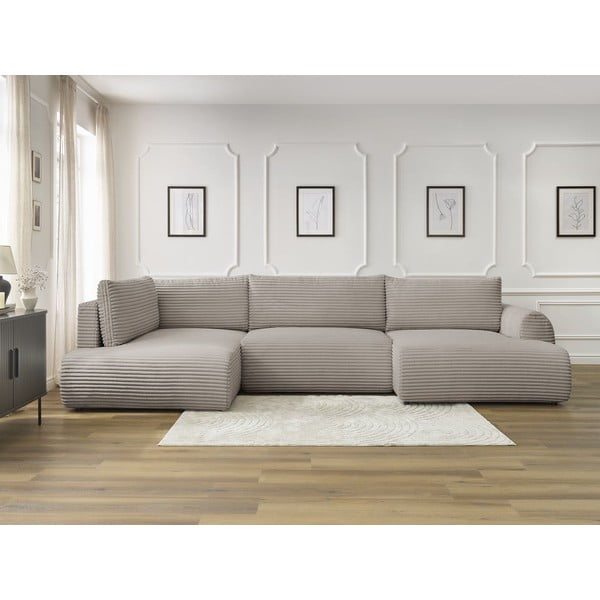 Helehall-beež velvetist diivanvoodi (parem nurk/U-kujuline) Lucien - Bobochic Paris-image-1