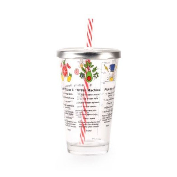 Sklenice s brčkem a potiskem receptů Kikkerland, 475 ml