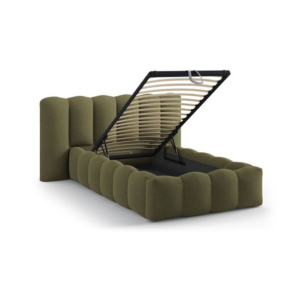 Khaki värvi polsterdatud üheinimesevoodi koos panipaiga ja voodipõhjaga 90x200 cm Lupine - Micadoni-image-1