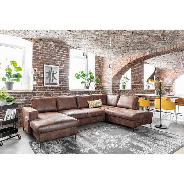 Pruun U-kujuline diivanvoodi kunstnahast Vintage, paremas nurgas Lofty Lilly - Miuform-image-3