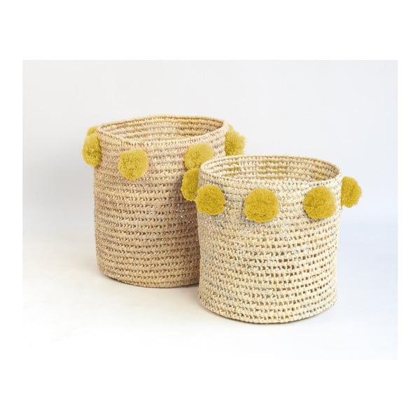 Sada 2 úložných košíků z palmových vláken se žlutými dekoracemi Madre Selva Milo Basket