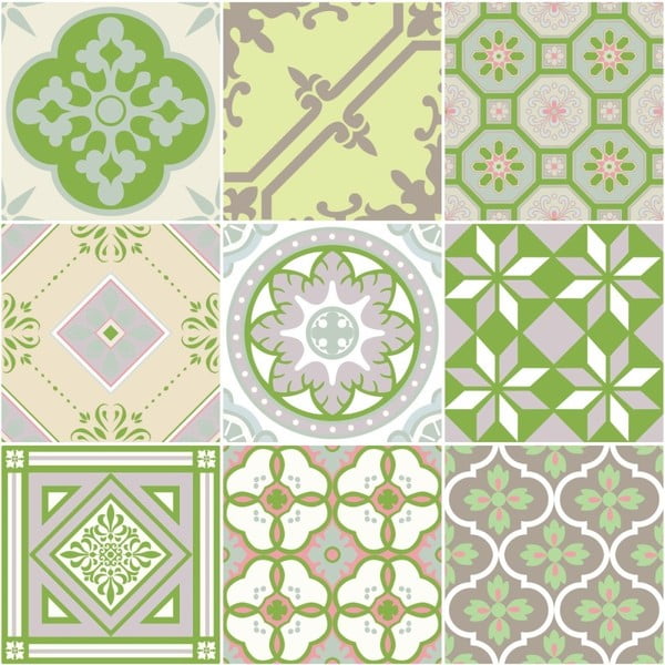 9-st seinakleebisest koosnev komplekt Azulejos Shade of Green, 10 x 10 cm - Ambiance-image-1