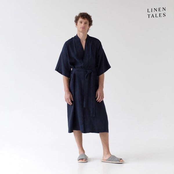 Tumesinine linasest riidest hommikumantel suurus L/XL Summer - Linen Tales