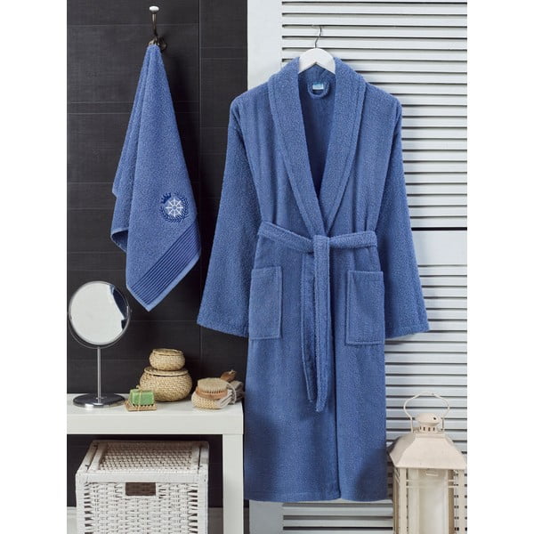 Sinine puuvillane hommikumantli ja käterätiku komplekt suurus S/M - Mila Home