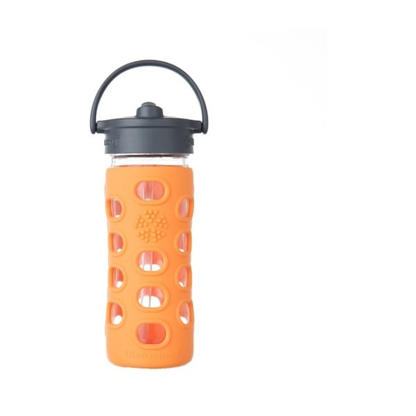 Skleněná lahev na vodu se silikonovým brčkem a chráničem Lifefactory Orange, 350 ml