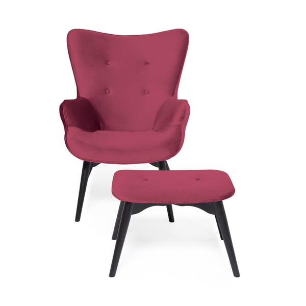 Růžovočervené křeslo a podnožka s podnoží v černé barvě Vivonita Cora Velvet-image-2