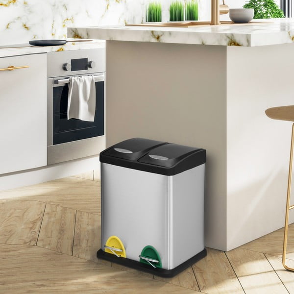 Matt hõbedane terasest prügikast 2x8 l sorteeritud jäätmete jaoks/pedaaliga Tri Selectif - MSV-image-1