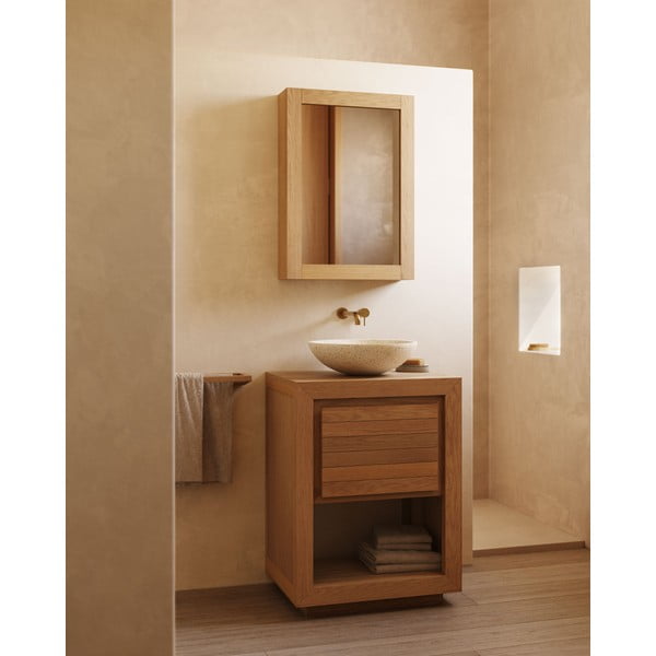 Rippuv tiikpuidust vannitoakapp koos peegliga 50x70 cm Plubia - Kave Home-image-3