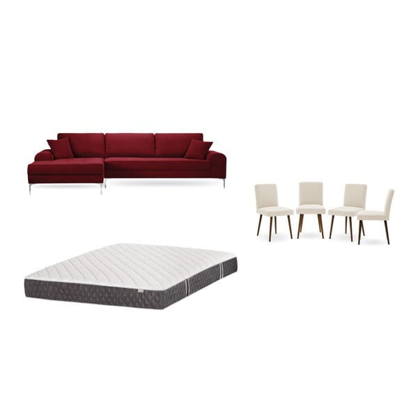 Set červené pohovky s lenoškou vlevo, 4 krémových židlí a matrace 160 x 200 cm Home Essentials
