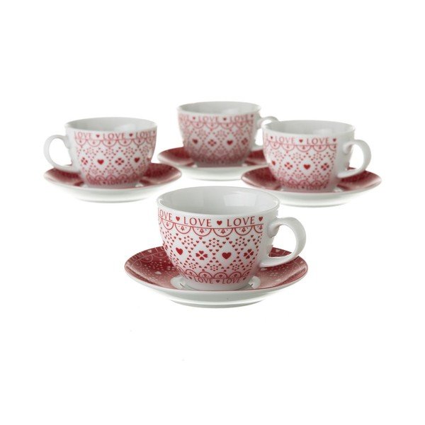 Červeno-bílá sada 4 porcelánových hrnků na čaj se stojanem Unimasa-image-1