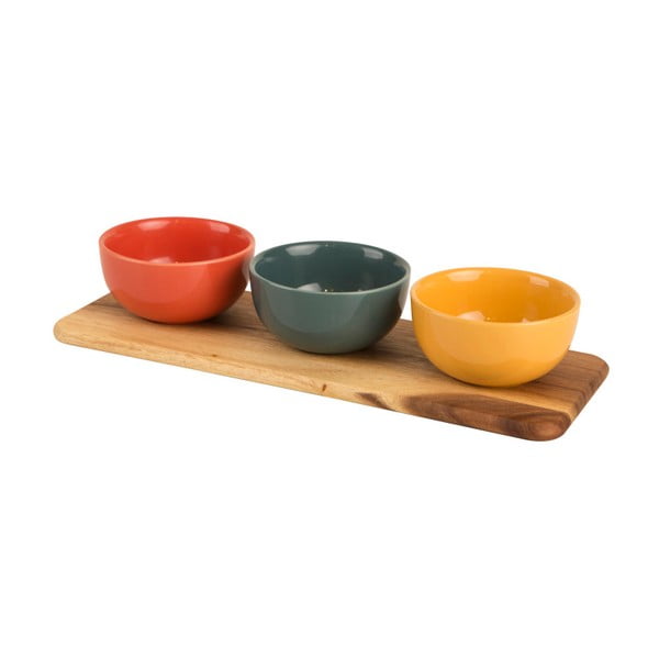Set 3 misek na dip a prkénka z akáciového dřeva T&G Woodware Dip Dish Set Colora