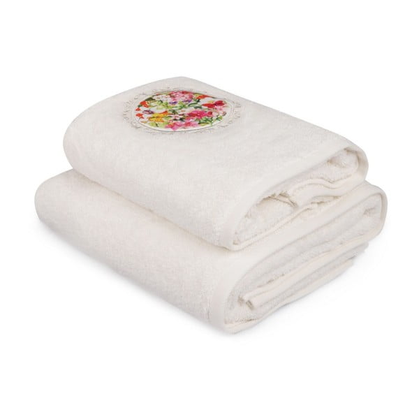 Set bílého ručníku a bílé osušky s barevným detailem Jardin