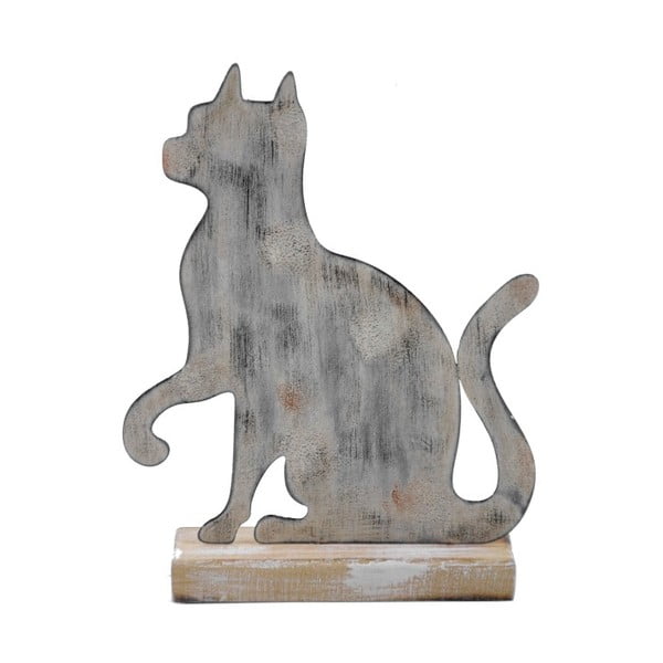 Malá šedá kovová Dekorace na dřevěném podstavci s motivem kočky Ego Dekor, 15 x 19,5 cm