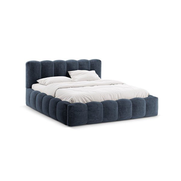 Tumesinine polsterdatud kaheinimesevoodi panipaigaga ja liistudest raamiga 160x200 cm Lupine - Micadoni