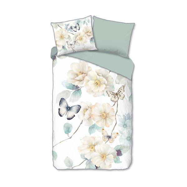 Valge-roheline pikendatud satiin-puuvillast voodipesu üheinimesevoodile 140x220 cm Adiwanya - Descanso