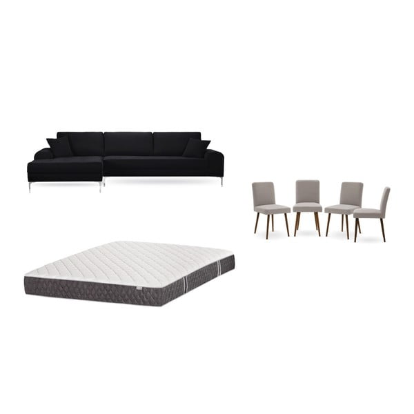 Set černé pohovky s lenoškou vlevo, 4 šedobéžových židlí a matrace 160 x 200 cm Home Essentials