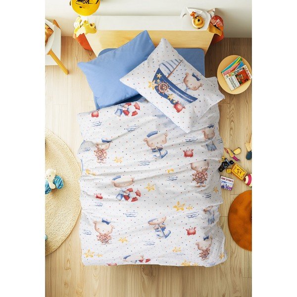Valge-sinine Renforcé puuvillast 4-osaline laste voodipesu komplekt 100x150 cm Seaman - Mijolnir-image-1