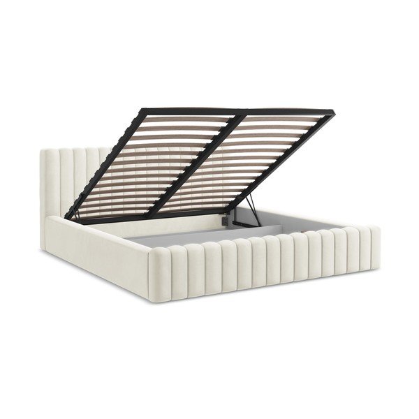 Kreemikas polsterdatud kaheinimesevoodi panipaiga ja liistudest raamiga 180x200 cm Lemi - Makamii-image-3