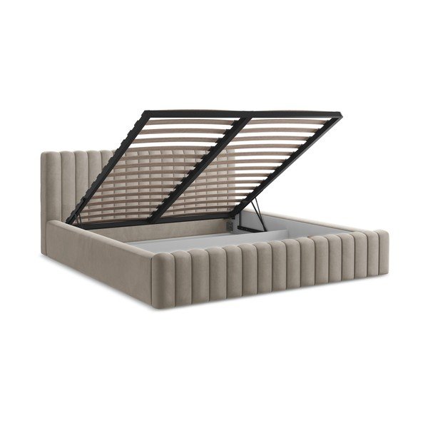 Taupe polsterdatud kaheinimesevoodi panipaigaga ja liistudest raamiga 160x200 cm Lemi - Makamii-image-3