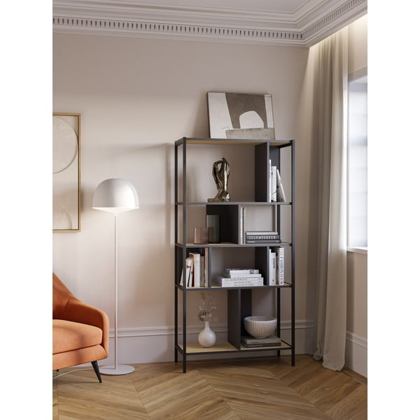 Raamaturiiul tammedekooriga must-puiduvärvi 88x175 cm Alabama - Marckeric-image-1