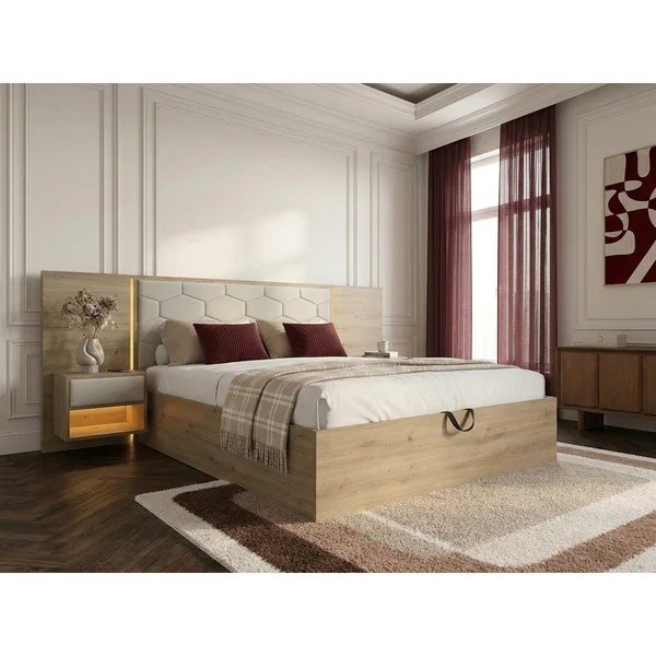 Beež polsterdatud/puitlaastplaadist kaheinimesevoodi panipaigaga ja liistudest raamiga 180x200 cm Palmeraie - Bobochic Paris-image-1
