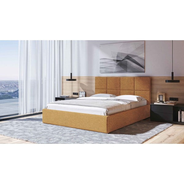 Kollane polsterdatud kaheinimesevoodi koos voodipõhja ja panipaigaga 180x200 cm Bufo - MESONICA-image-1