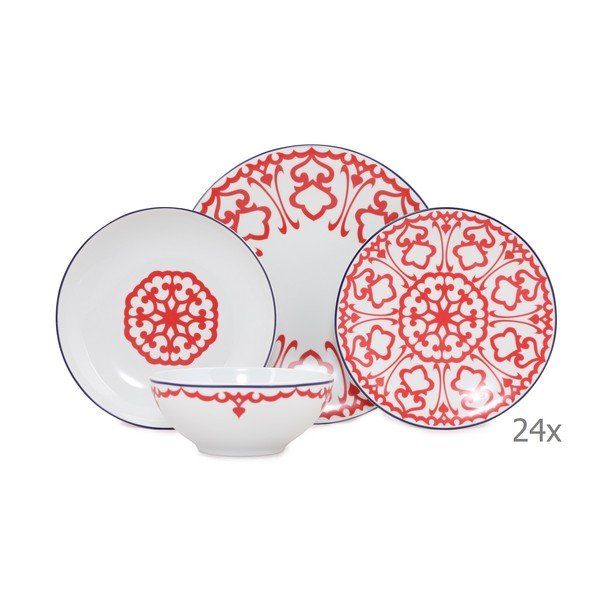 24dílný set bílého porcelánového nádobí s červeným vzorem Kütahya Porselen Desen