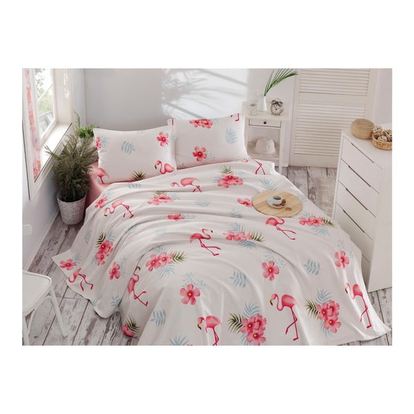 Set bavlněného přehozu přes postel, prostěradla a 2 povlaků na polštář Flamenco Cream, 200 x 235 cm