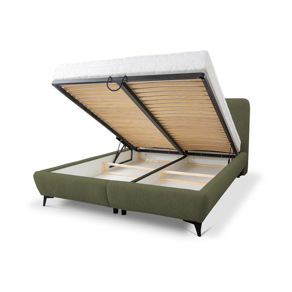 Roheline polsterdatud kaheinimesevoodi koos panipaiga ja voodipõhjaga 140x200 cm Makapu - Makamii-image-1