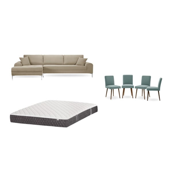 Set šedobéžové pohovky s lenoškou vlevo, 4 šedozelených židlí a matrace 160 x 200 cm Home Essentials
