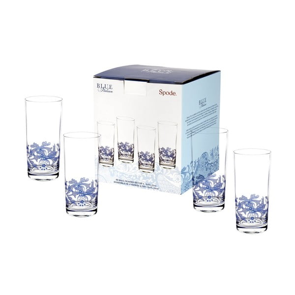 Sada 4 bílomodrých skleněných sklenic Spode Blue Italian, 420 ml