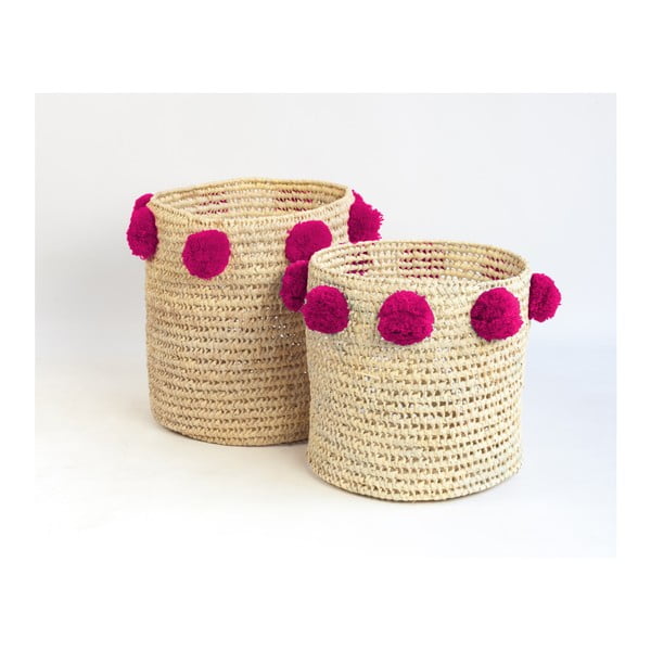 Sada 2 úložných košíků z palmových vláken s tmavě růžovými dekoracemi Madre Selva Milo Basket