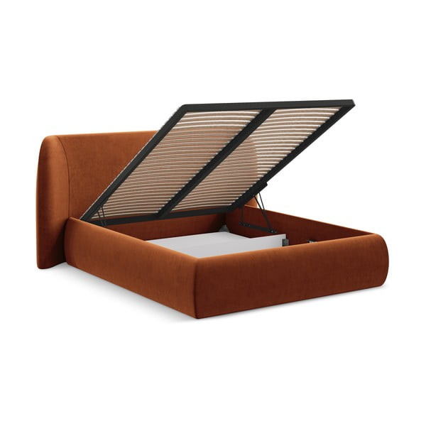 Terrakottapunane polsterdatud kaheinimesevoodi koos voodipõhja ja panipaigaga 160x200cm Hauke - Makamii-image-2