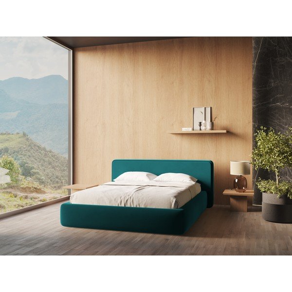 Türkiissinine polsterdatud kaheinimesevoodi koos voodipõhja ja panipaigaga 160x200cm Kiana - Makamii-image-1