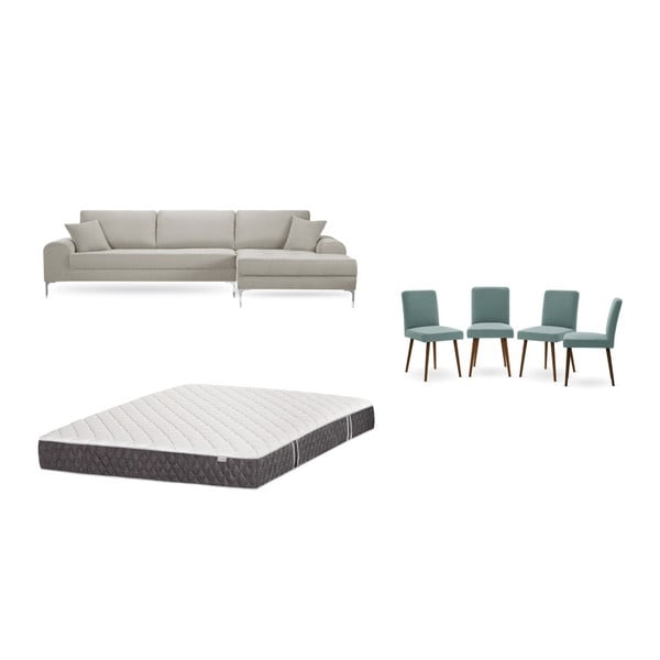 Set krémové pohovky s lenoškou vpravo, 4 šedozelených židlí a matrace 160 x 200 cm Home Essentials