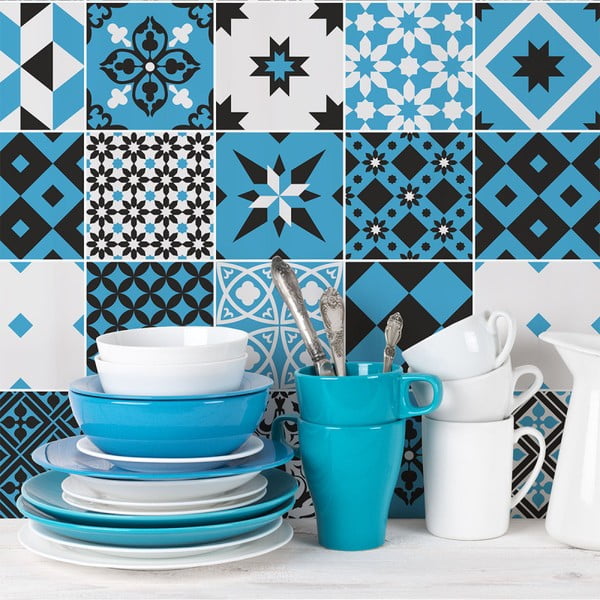 Sada 24 nástěnných samolepek Ambiance Wall Decal Cement Tiles Azulejos Ranjita, 10 x 10 cm
