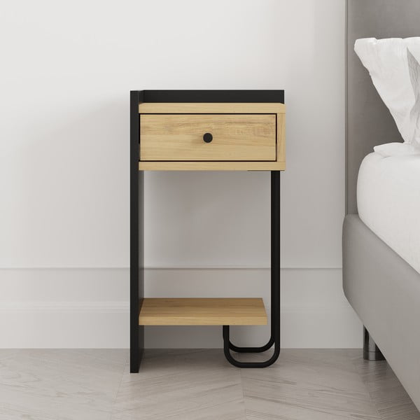 Must-puiduvärvi tammedekooriga öökapp koos riiulitega Mercure - Marckeric-image-4