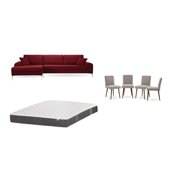 Set červené pohovky s lenoškou vlevo, 4 šedobéžových židlí a matrace 160 x 200 cm Home Essentials