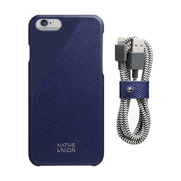 Set tmavě modrého obalu z pravé kůže a nabíjecího kabelu pro iPhone 6 a 6S Plus Native Union Clic Leather Belt
